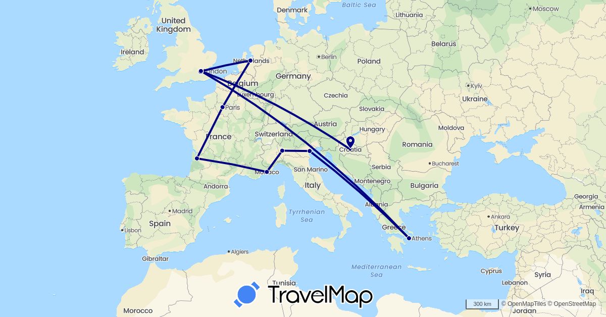 TravelMap itinerary: driving in France, United Kingdom, Greece, Croatia, Italy, Monaco, Netherlands (Europe)